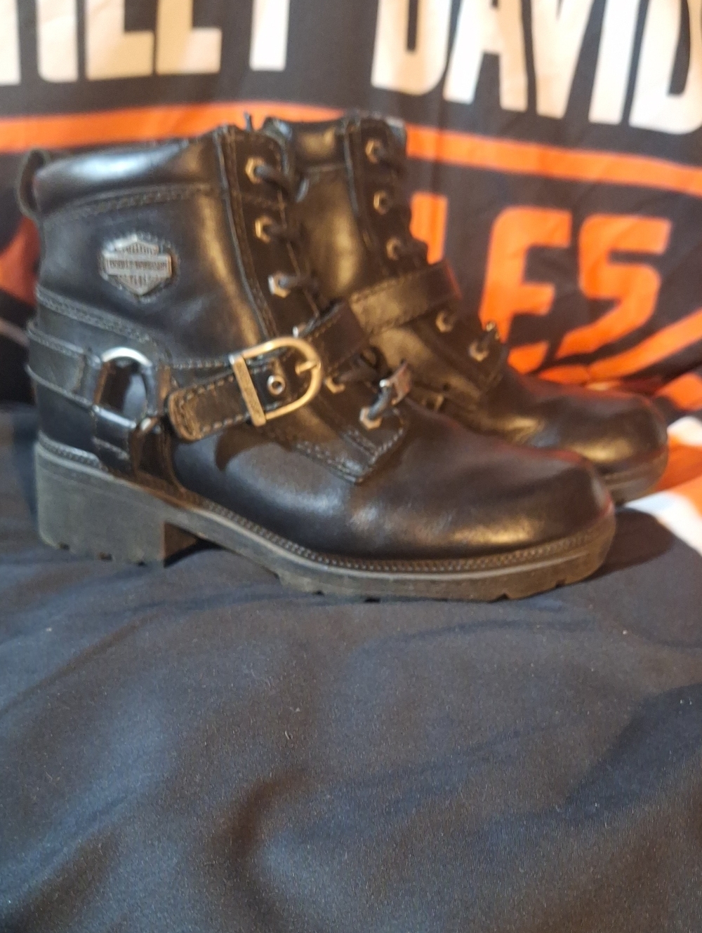 Harley-Davidson Black Leather Buckle Combat Ankle Boots
